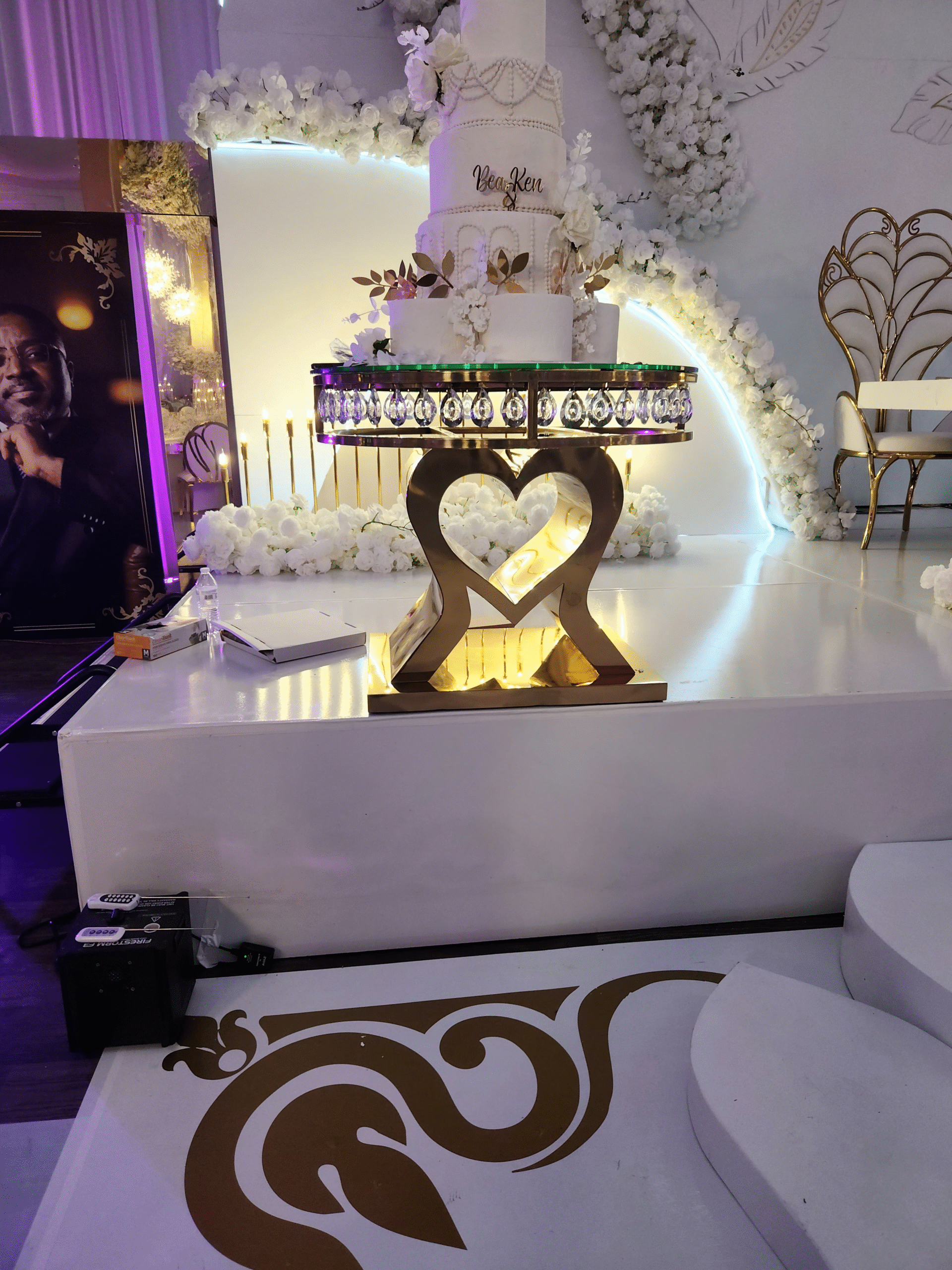 Gold Round Cake table with clear mirror glass top and crystals - Image 2