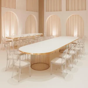 Luxury Oval Banquet Table with Polished Gold Edges and Gold Drum Cage Bases
