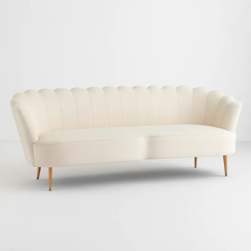 Off White Velvet Scallop-Back Loveseat Sofa – with Gold Legs