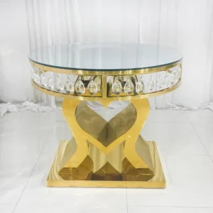 Gold Round Cake table with clear mirror glass top and crystals