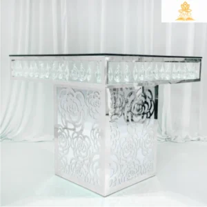 Silver Luxury Square Cake Table with Crystal & Floral Laser-Cut Design