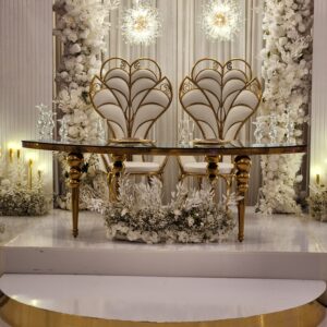 Sweetheart Table- Quarter Serpentine table, Gold Bubble Legs With Mirror Glass Top